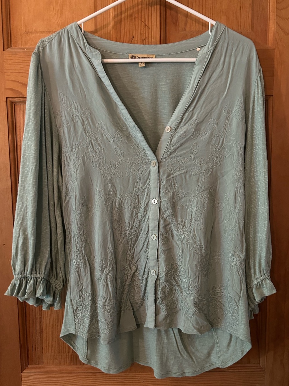 Democracy Sage Green Embroidered Button-Down Blouse